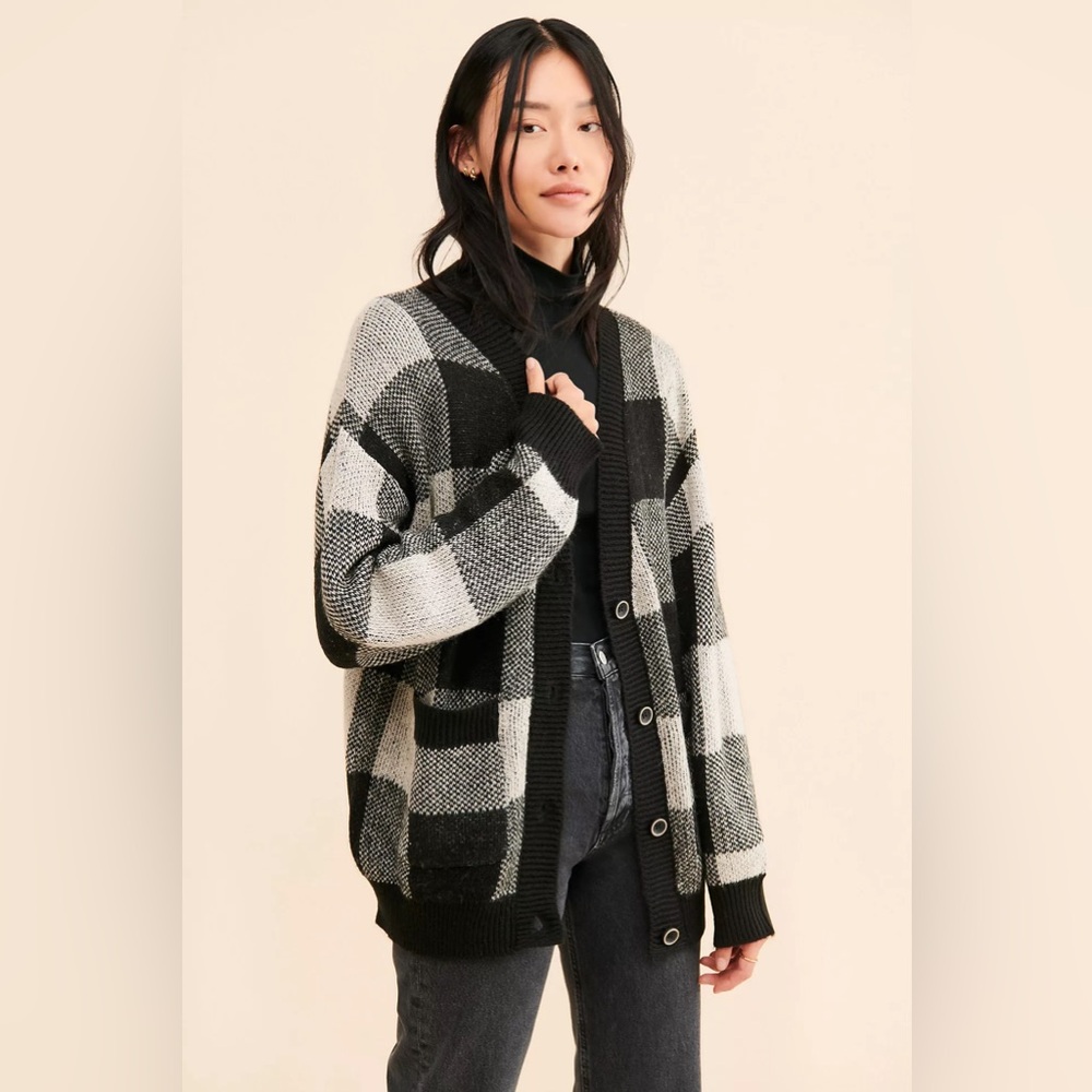 Vigoss Gingham Buffalo‎ Plaid Black White Cardigan Size Large